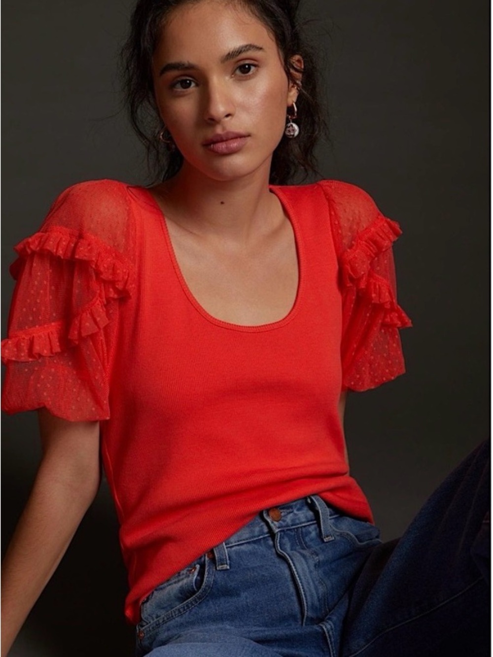 Anthropologie Red Ruffle-Sleeve Scoop Neck Top